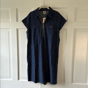 NWT ANNE KLEIN COTTON DENIM SHIFT DRESS GOLD ZIPPER FRONT COLLAR SHORT SLEEVE 10